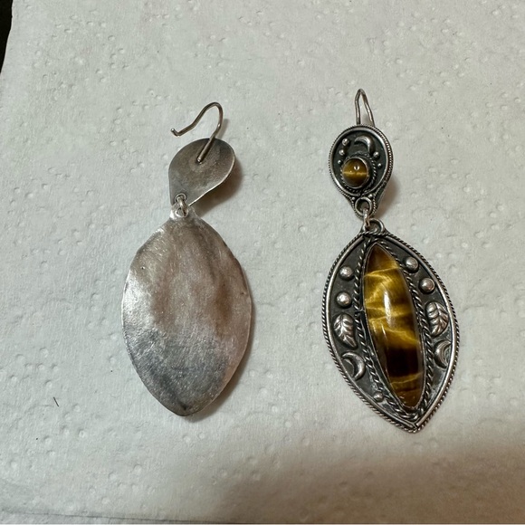 Sterling Silver Native Tiger's Eye Drop Earrings - Gold Brown Gemstones vintage - Picture 4 of 7